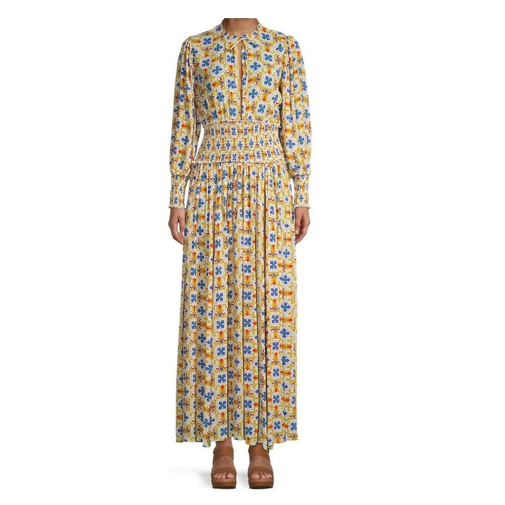 WEWOREWHAT ADDISON FLORAL LONG SLEEVE SMOCKED WAIST MAXI DRESS PEARL‎  SIZE XL